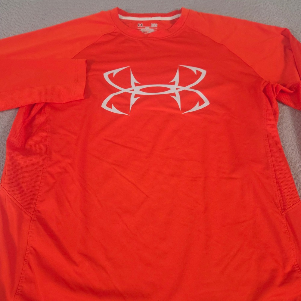 Under Armour Shirt Mens Large Orange CoolSwitch Thermocline Fish Hook Logo Mesh